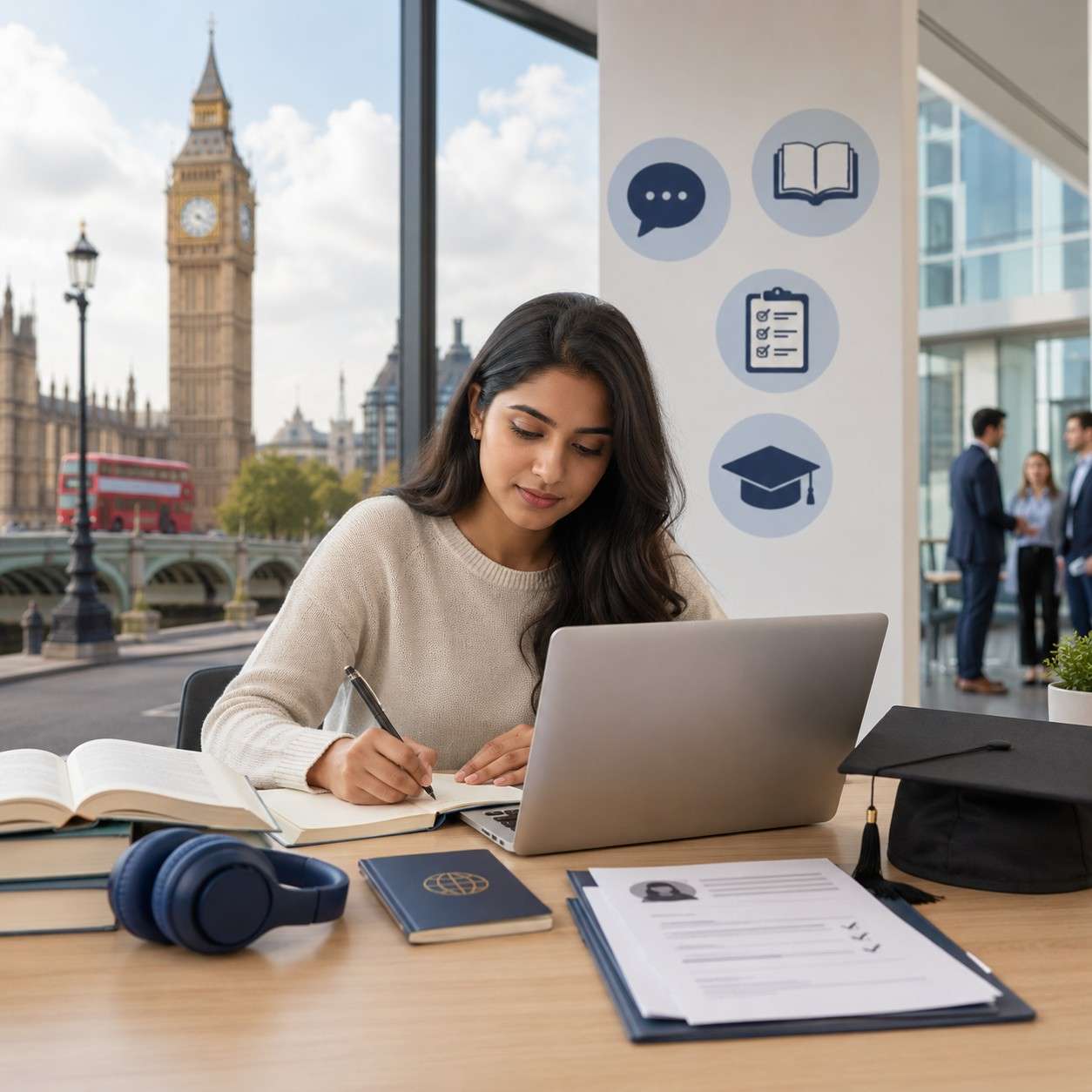 Indian student preparing for IELTS for an MBA in the UK with study materials and London landmarks in the background.